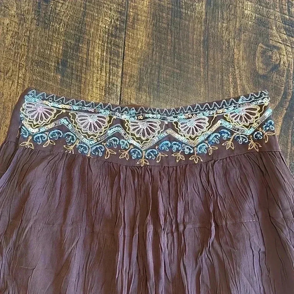 Temptations | Chocolate Brown Midi/Maxi Skirt w/Embroidered & Sequined Waistband - Picture 7 of 8